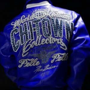 Blue Pelle Pelle ChiTown Collector leather jacket back with rhinestone CHITOWN design – Chi Town Pelle Pelle