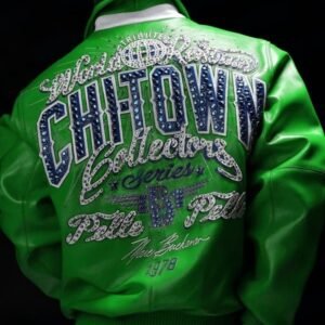 Green Pelle Pelle ChiTown Collector leather jacket with CHITOWN crystal embellished typography – Chi Town Pelle Pelle