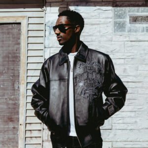 Black Chi Town Pelle Pelle leather jacket for men featuring bold embroidered front design, urban street style.
