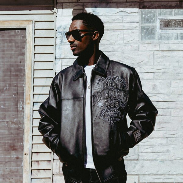 Black Chi Town Pelle Pelle leather jacket for men featuring bold embroidered front design, urban street style.