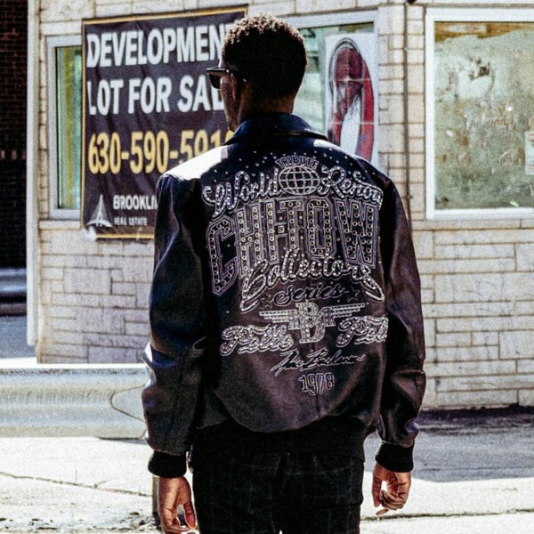 Back view of black Chi Town Pelle Pelle leather jacket with detailed embroidery and classic streetwear look.