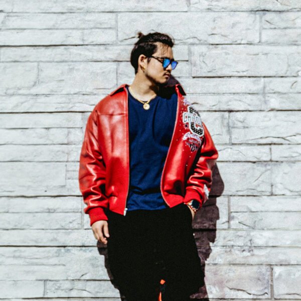 Red Pelle Pelle ChiTown leather jacket casual streetwear look front embroidery – Chi Town Pelle Pelle