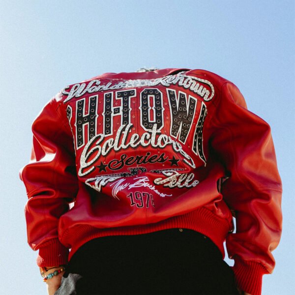 Red Pelle Pelle ChiTown Collector Series jacket back rhinestone embroidery low angle photo – Chi Town Pelle Pelle