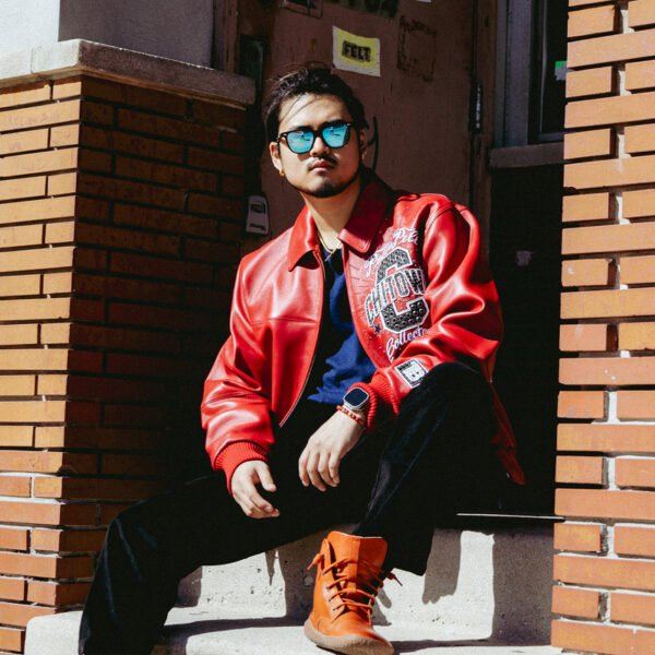 Stylish streetwear look in red Pelle Pelle ChiTown leather jacket with chest embroidery – Chi Town Pelle Pelle