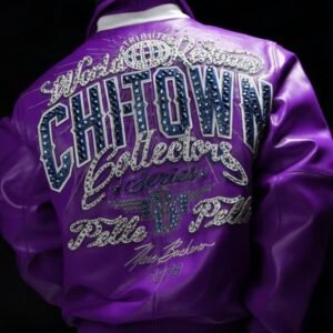 Purple Pelle Pelle ChiTown Collector leather jacket back with rhinestone crystal CHITOWN typography – Chi Town Pelle Pelle