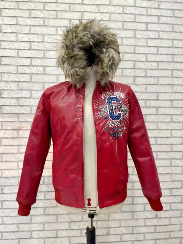 Red Pelle Pelle ChiTown Collector leather jacket front on mannequin with fur hood and chest logo – Chi Town Pelle Pelle