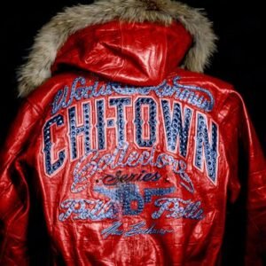 Red Pelle Pelle ChiTown Collector leather jacket with fur hood and detailed back embroidery – Chi Town Pelle Pelle