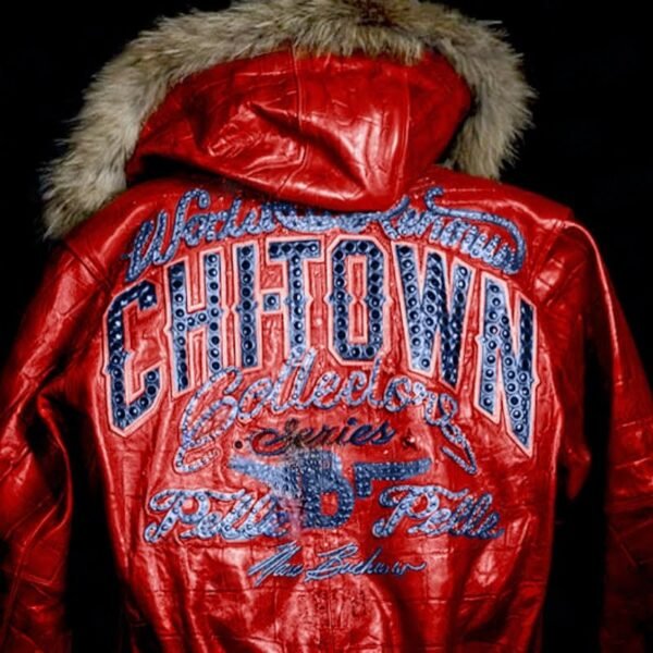 Red Pelle Pelle ChiTown Collector leather jacket with fur hood and detailed back embroidery – Chi Town Pelle Pelle