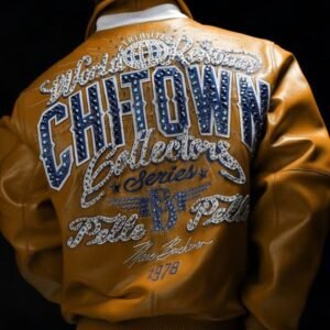 Yellow Pelle Pelle ChiTown Collector Series leather jacket back with CHITOWN studded lettering – Chi Town Pelle Pelle