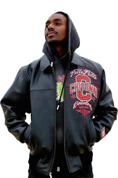 Black Pelle Pelle ChiTown Collector Series leather jacket front design – stylish streetwear by Chi Town Pelle Pelle