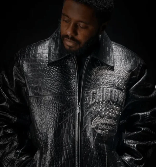 Black Pelle Pelle ChiTown crocodile leather jacket front design with studded CHITOWN embroidery – Chi Town Pelle Pelle