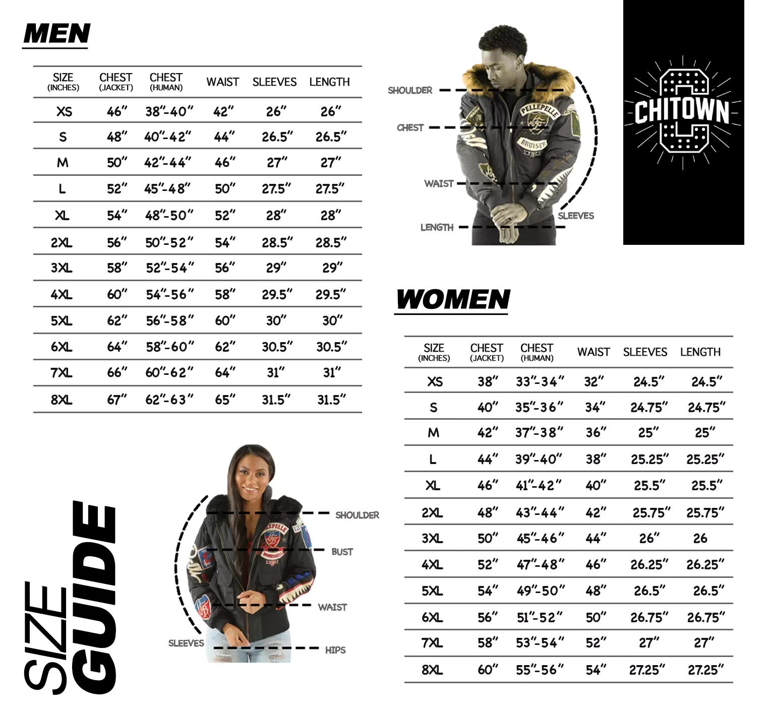 Pelle Pelle ChiTown jacket size guide for men and women – Chi Town Pelle Pelle official sizing chart