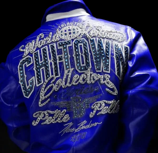 Blue Pelle Pelle ChiTown Collector Series leather jacket with rhinestone details – Chi Town Pelle Pelle