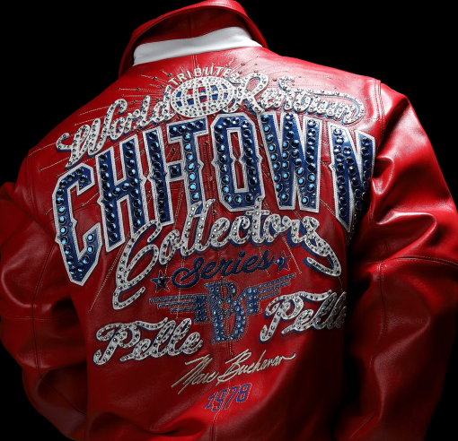 Red Pelle Pelle ChiTown Collector Series leather jacket back with crystal embellishments – Chi Town Pelle Pelle