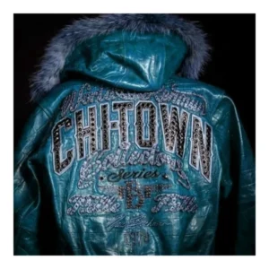 Teal Pelle Pelle ChiTown Collector leather jacket with fur hood and rhinestone CHITOWN back design – Chi Town Pelle Pelle