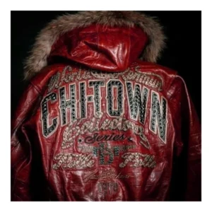 Red Pelle Pelle ChiTown Collector Series leather jacket back with studded rhinestone CHITOWN typography – Chi Town Pelle Pelle