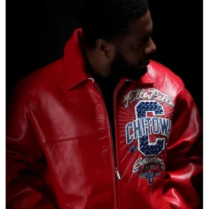 Red Chi Town Pelle Pelle jacket featuring studded CHITOWN logo and sleek leather fit – front left view