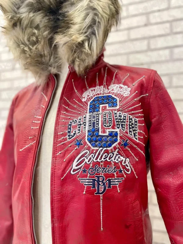 Red Pelle Pelle ChiTown Collector leather jacket with fur hood and chest embroidery – Chi Town Pelle Pelle