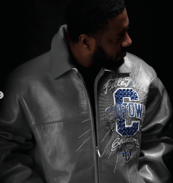 Grey Pelle Pelle ChiTown leather jacket front design with C logo and embroidered details – Chi Town Pelle Pelle