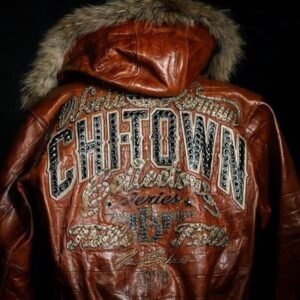 Brown Pelle Pelle ChiTown Collector leather jacket with fur hood and embellished CHITOWN back design – Chi Town Pelle Pelle