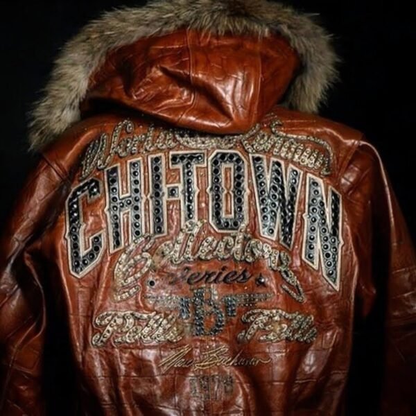 Brown Pelle Pelle ChiTown Collector leather jacket with fur hood and embellished CHITOWN back design – Chi Town Pelle Pelle