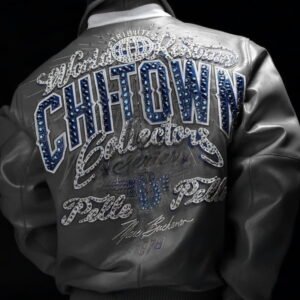 Grey Pelle Pelle ChiTown Collector Series jacket with rhinestone CHITOWN back embroidery – Chi Town Pelle Pelle