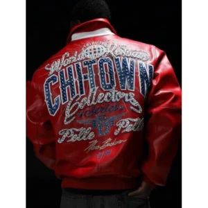 Collector Series CHITOWN jacket in red leather worn by model – detailed back rhinestone design by Chi Town Pelle Pelle
