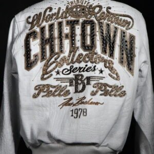 White Pelle Pelle ChiTown Collector Series jacket back with gold embroidered rhinestone typography – Chi Town Pelle Pelle